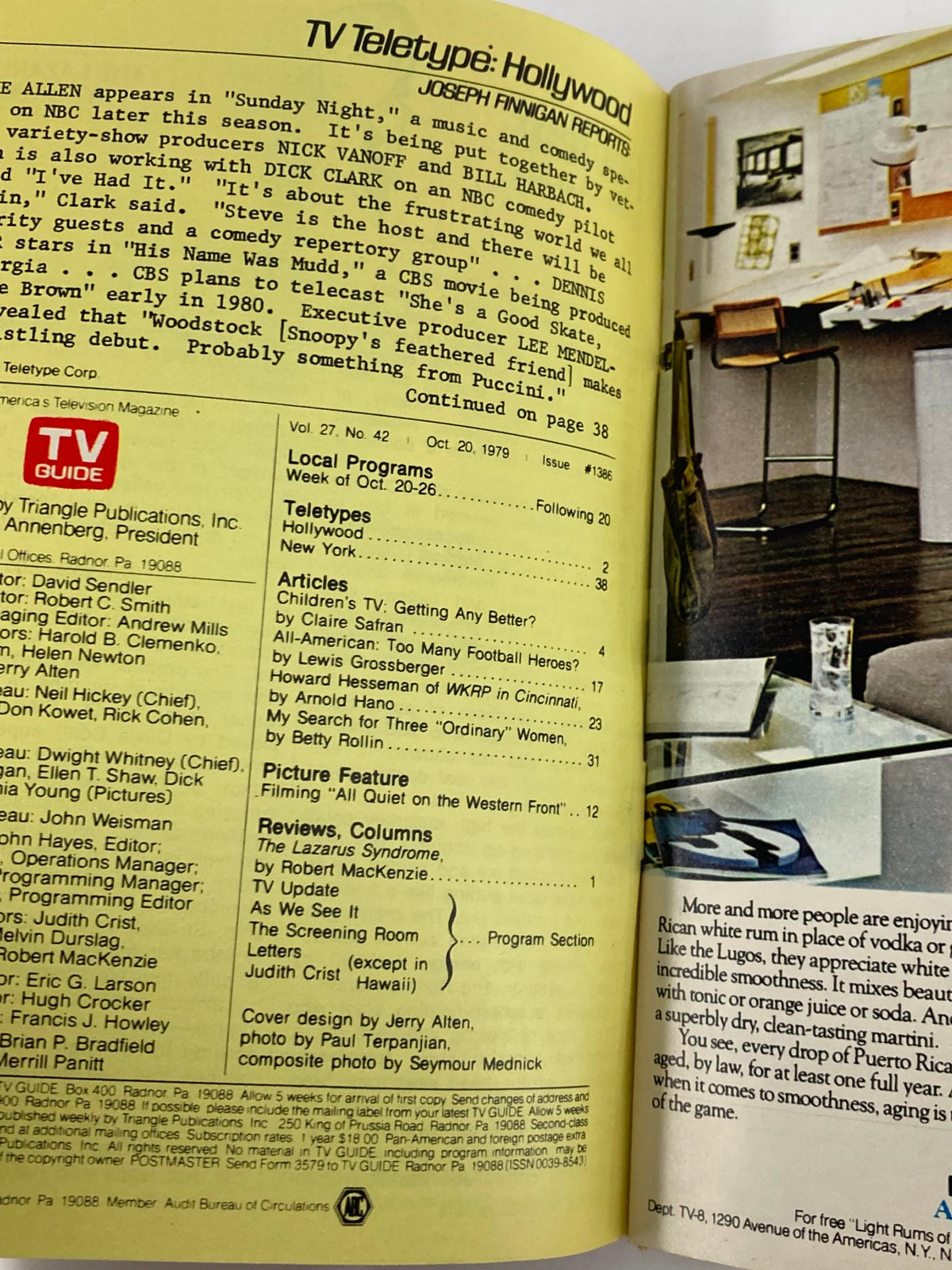 Inside page of TV Guide Magazine October 20 1979, highlighting TV programming details and features related to the entertainment industry.
