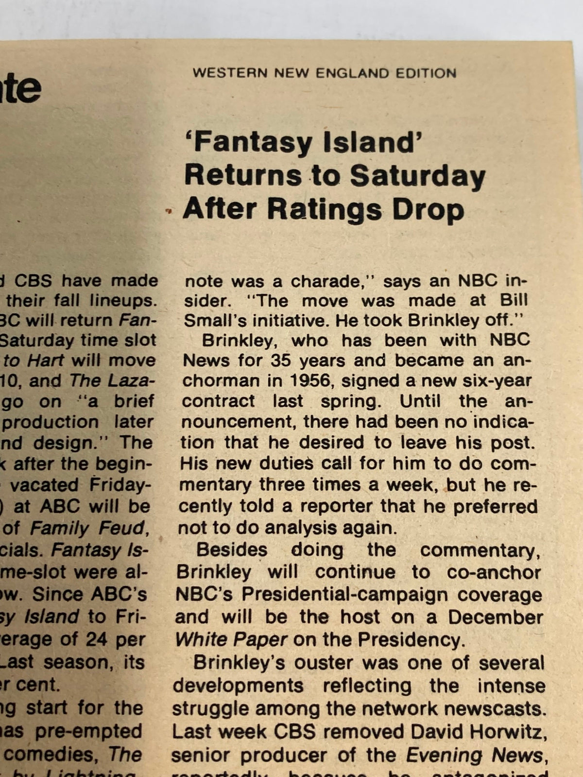 Western New England Edition of TV Guide Magazine October 20 1979, discussing ratings and changes in television programming, including Fantasy Island.