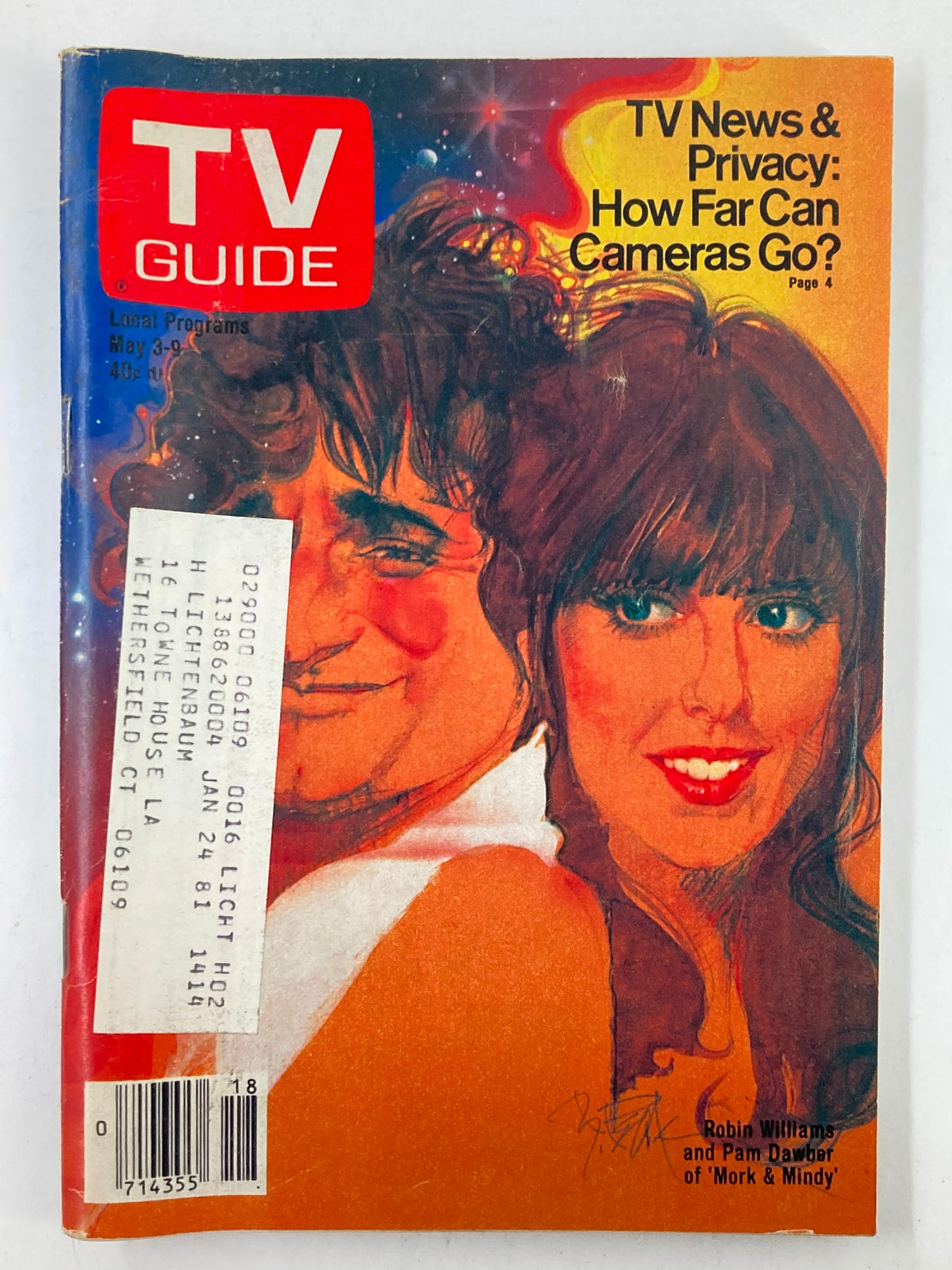 Cover of TV Guide Magazine May 3 1980 featuring Robin Williams and Pam Dawber from 'Mork & Mindy', showcasing vibrant colors and a striking illustration.