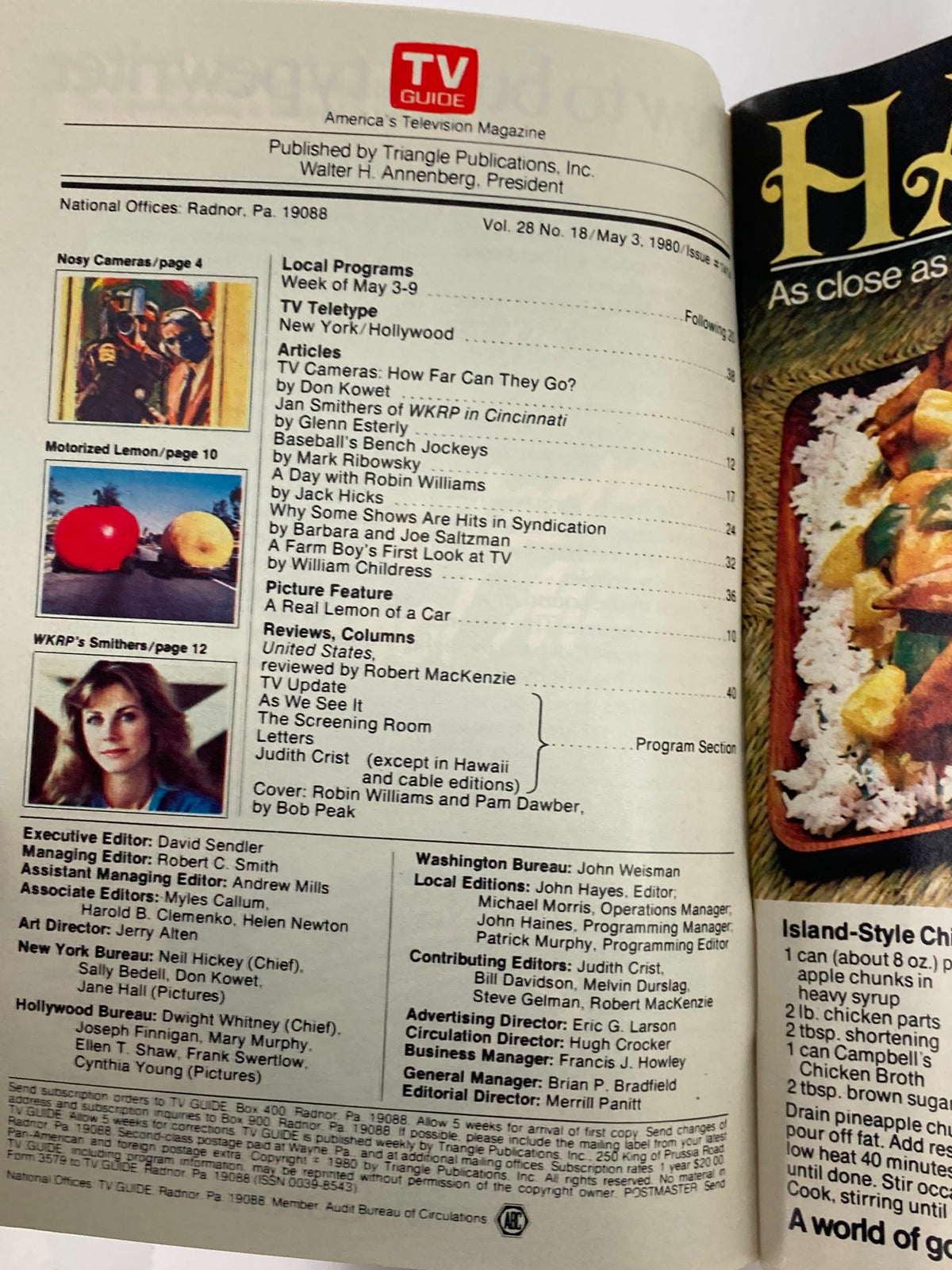 Interior page of TV Guide Magazine May 3 1980 featuring articles and listings, including a piece on Robin Williams and details of television programming from that time.