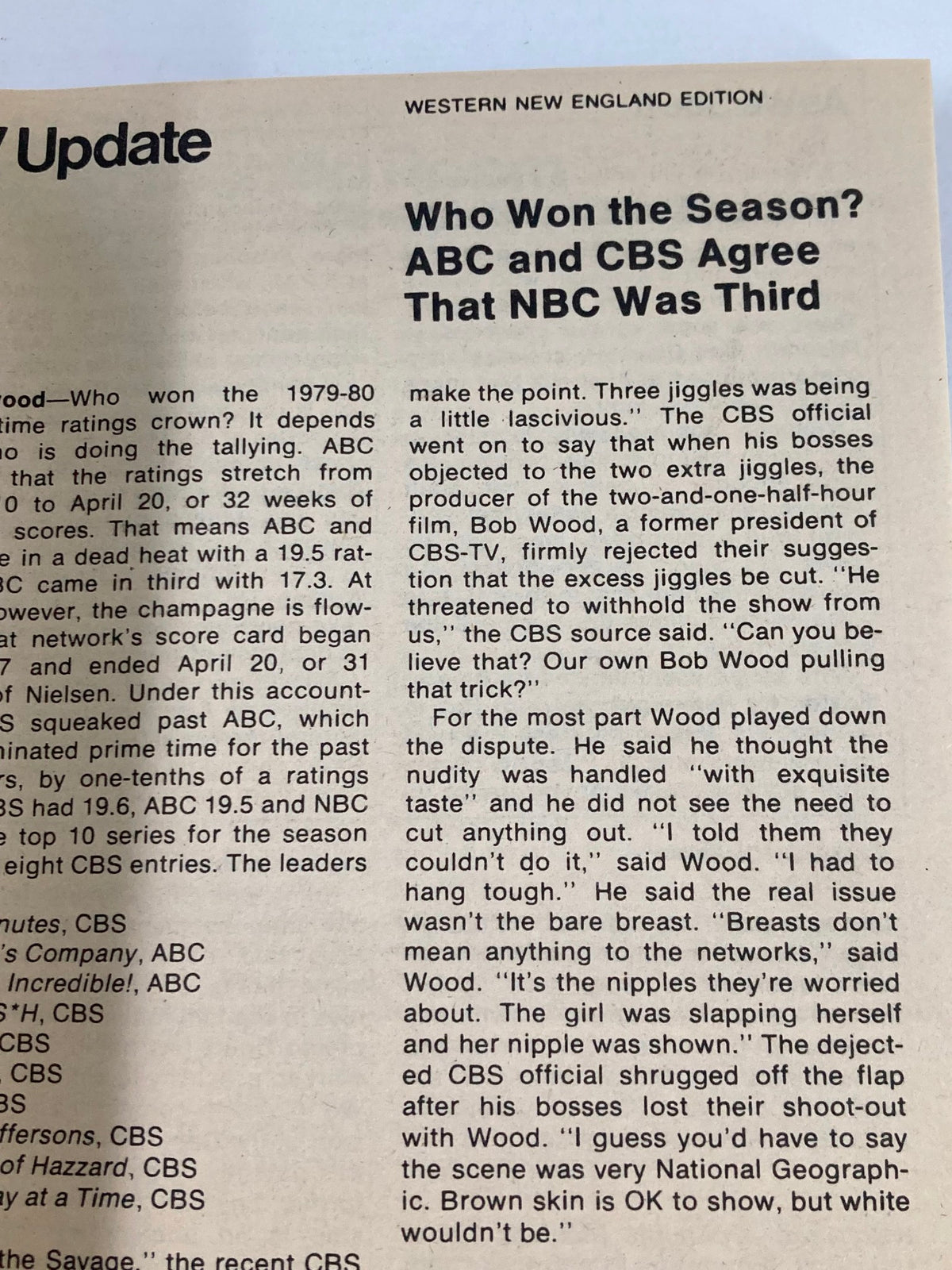 Western New England Edition section of TV Guide Magazine May 3 1980, discussing TV ratings and a comparison of ABC, CBS, and NBC performances during the 1979-80 season.