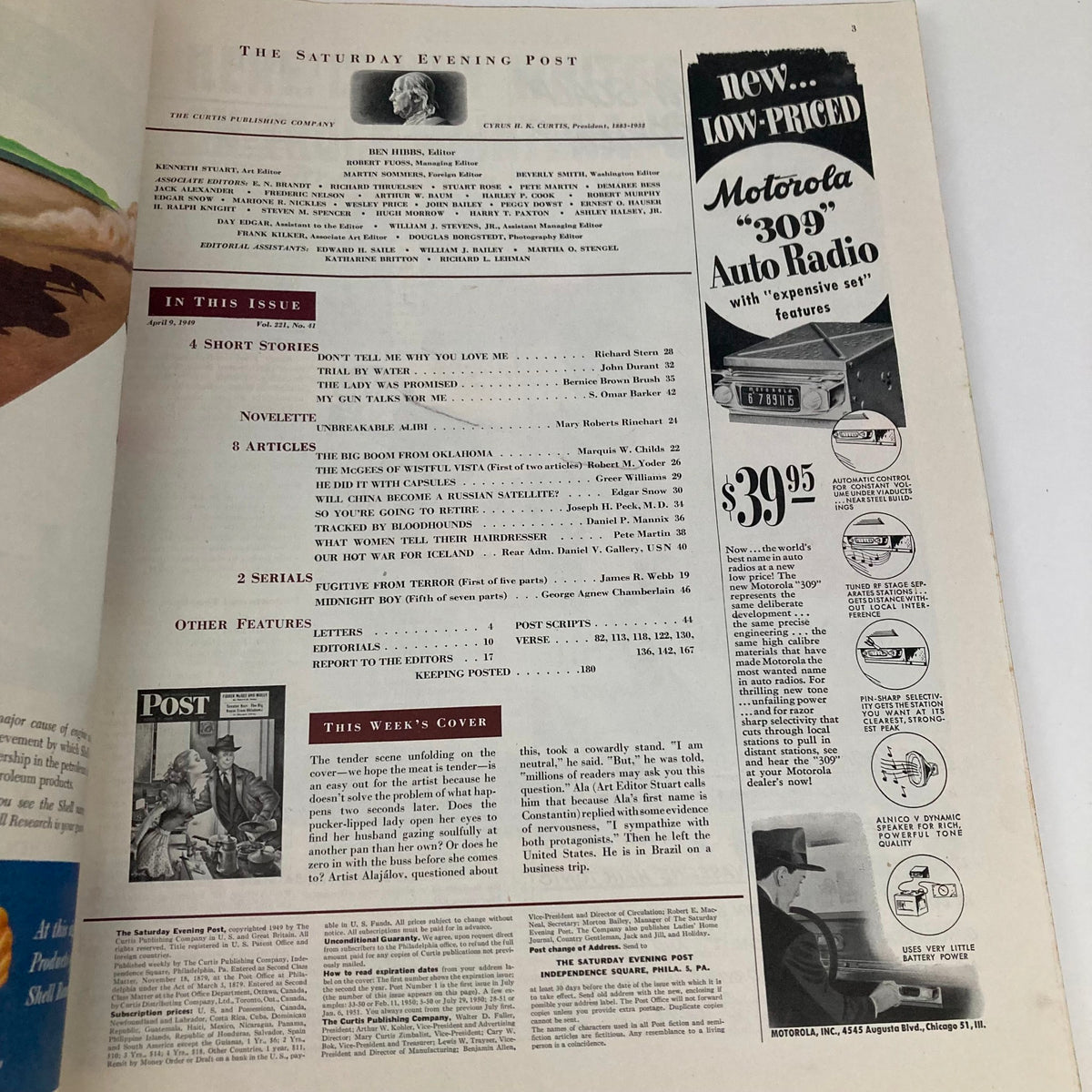 Inside page of the Saturday Evening Post Magazine from April 9, 1949, showing the table of contents and featured articles, including an advertisement for a Motorola auto radio.