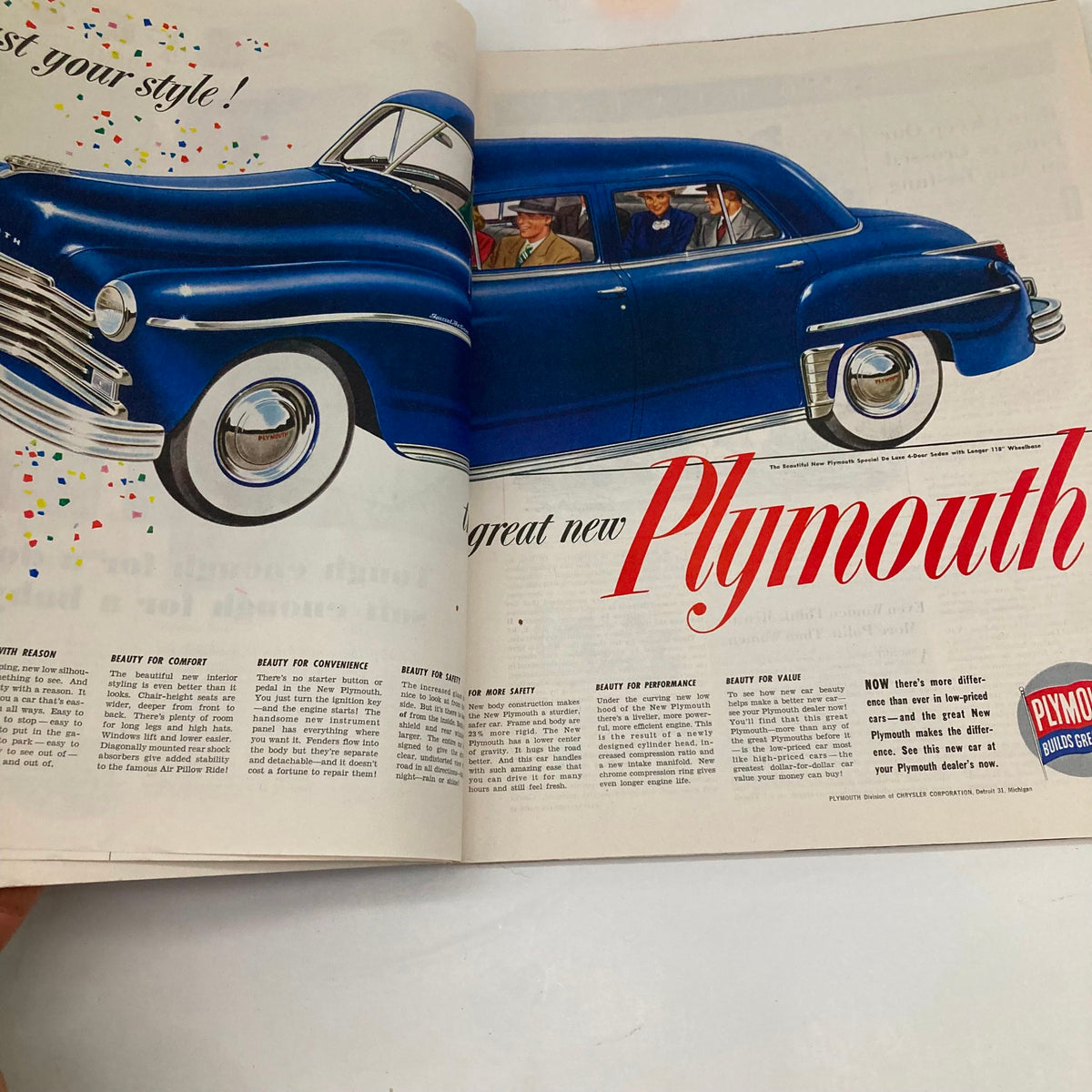 Ad page from the Saturday Evening Post Magazine April 9, 1949, showcasing the stylish new Plymouth car with festive decorations.