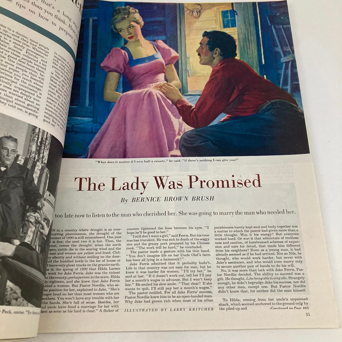 Story page from the Saturday Evening Post Magazine April 9, 1949, featuring an illustration for "The Lady Was Promised" by Bernice Brown Brush.