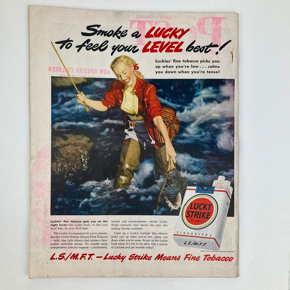 Vintage advertisement from the Saturday Evening Post Magazine April 9 1949 featuring a woman fishing, promoting Lucky Strike cigarettes with the slogan encouraging users to 'Smoke a LUCKY to feel your LEVEL best!'