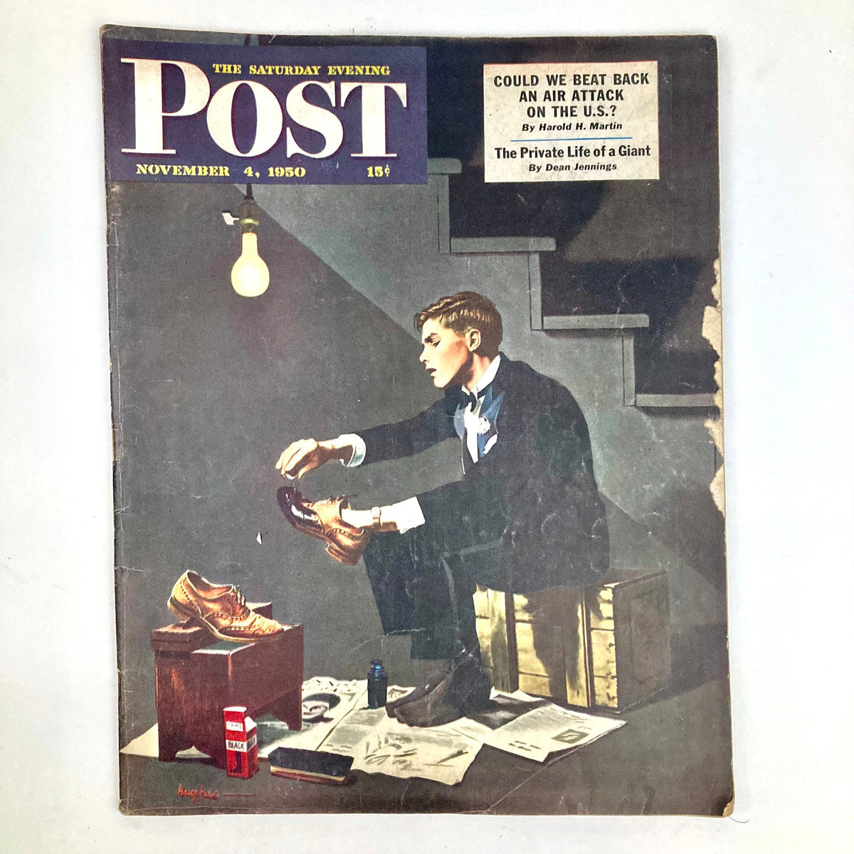 Illustrated cover of the Saturday Evening Post Magazine from November 4, 1950, featuring a young man polishing his shoes, artwork by George Hughes.
