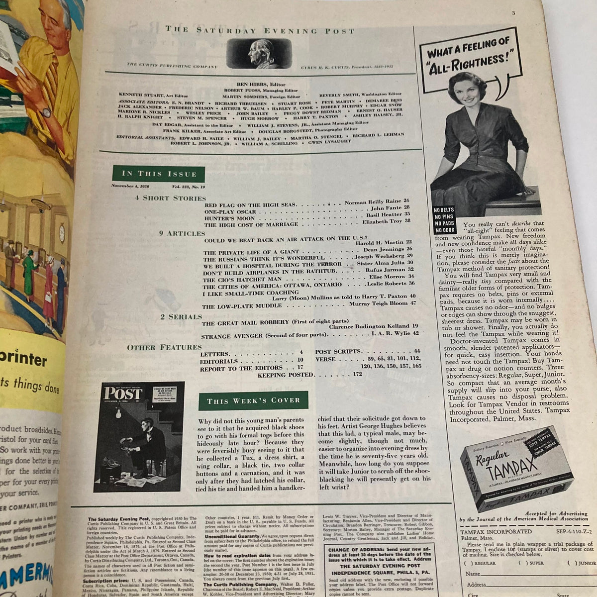 Interior page of the November 4, 1950 Saturday Evening Post Magazine featuring the table of contents and highlights including articles and advertisements.