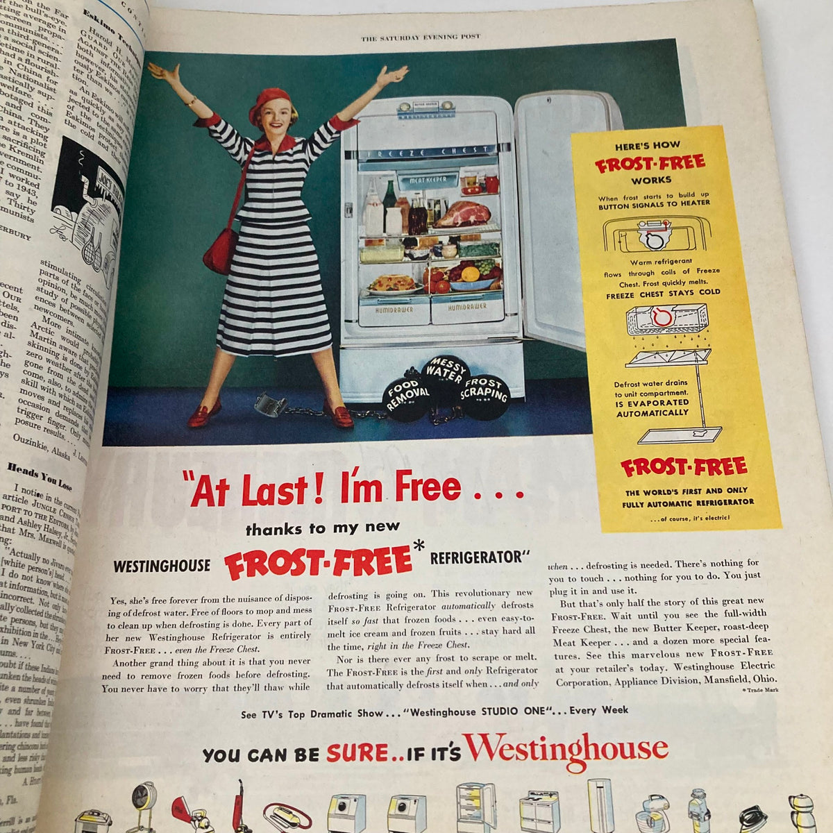 Advertisement page from the November 4, 1950 Saturday Evening Post Magazine showcasing a woman celebrating the new Westinghouse frost-free refrigerator.