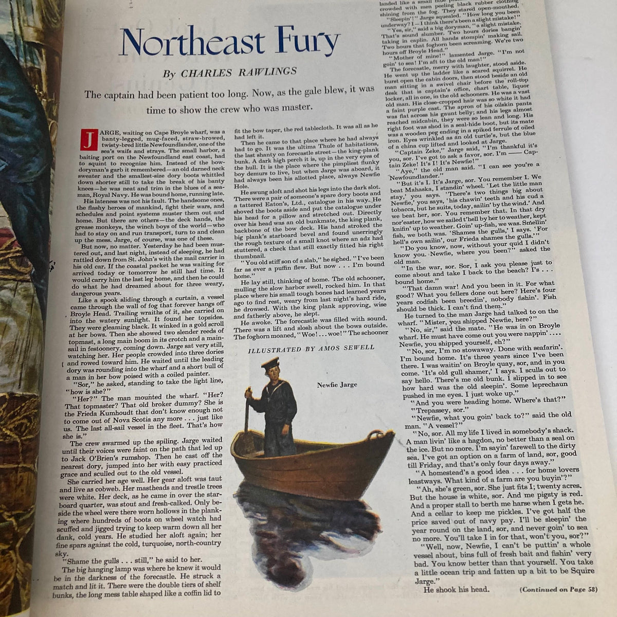 Illustration from the Saturday Evening Post Magazine April 15 1950 titled 'Northeast Fury' by Charles Rawlings, showcasing a boatman in a stormy sea, with striking artwork by Amos Sewell.