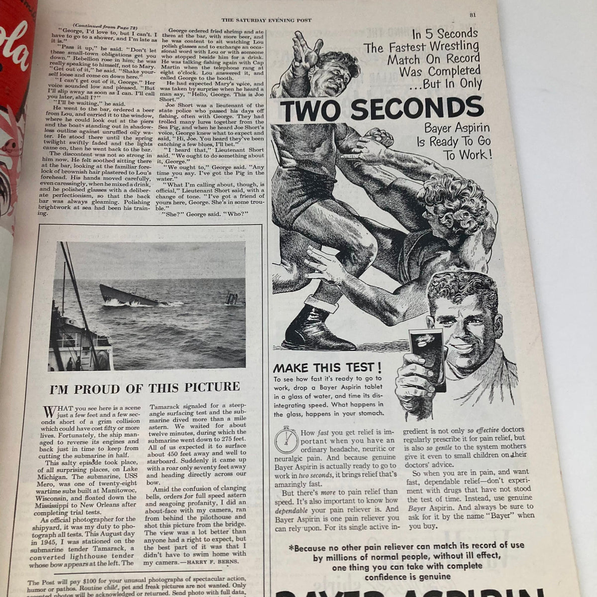 Article page from the Saturday Evening Post Magazine April 15 1950 featuring a gripping story and an advertisement for Bayer Aspirin highlighting the fastest wrestling match on record.