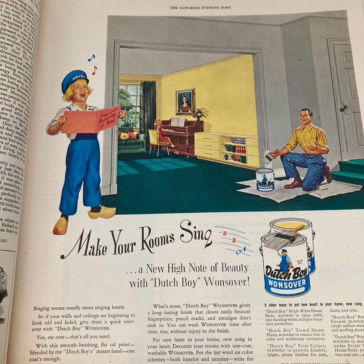 Ad from the Saturday Evening Post Magazine April 15 1950 for Dutch Boy paint showcasing a cheerful child and an adult painting a room, emphasizing home beautification.