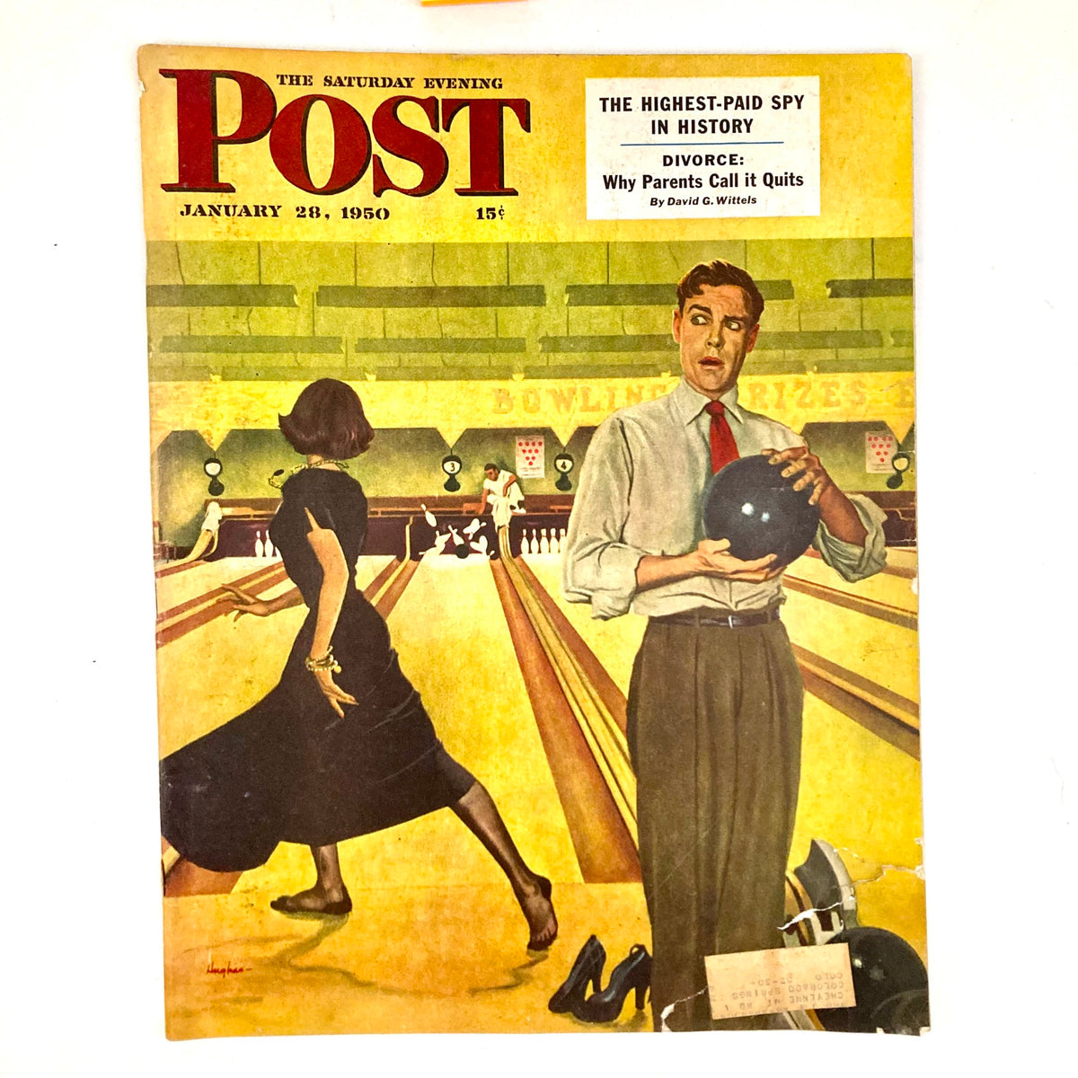 Saturday Evening Post Magazine January 28 1950, featuring an illustrated cover by George Hughes depicting a bowling alley scene with a man holding a bowling ball and a woman in a black dress.