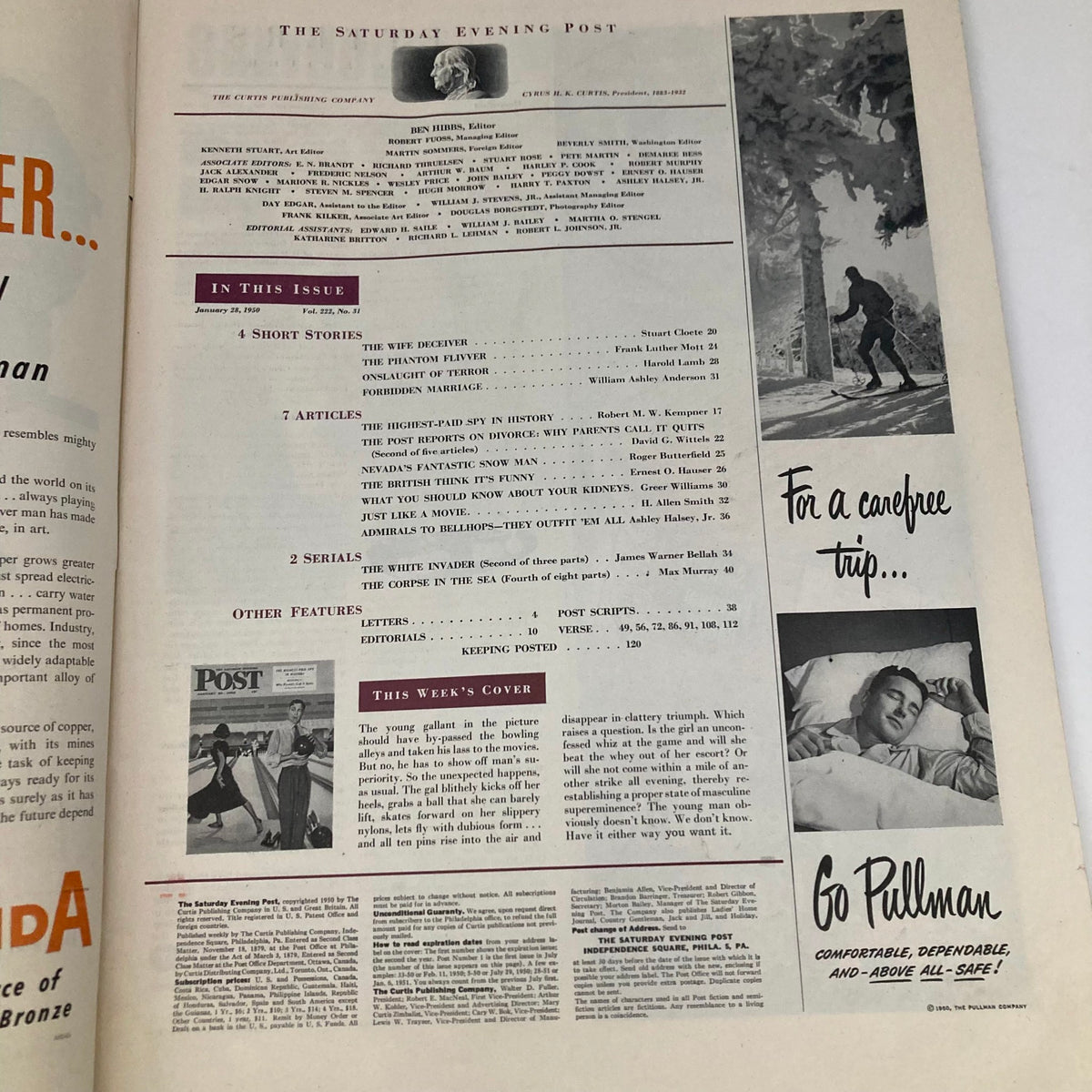 Table of contents page from the Saturday Evening Post Magazine January 28 1950, displaying featured articles and illustrations.