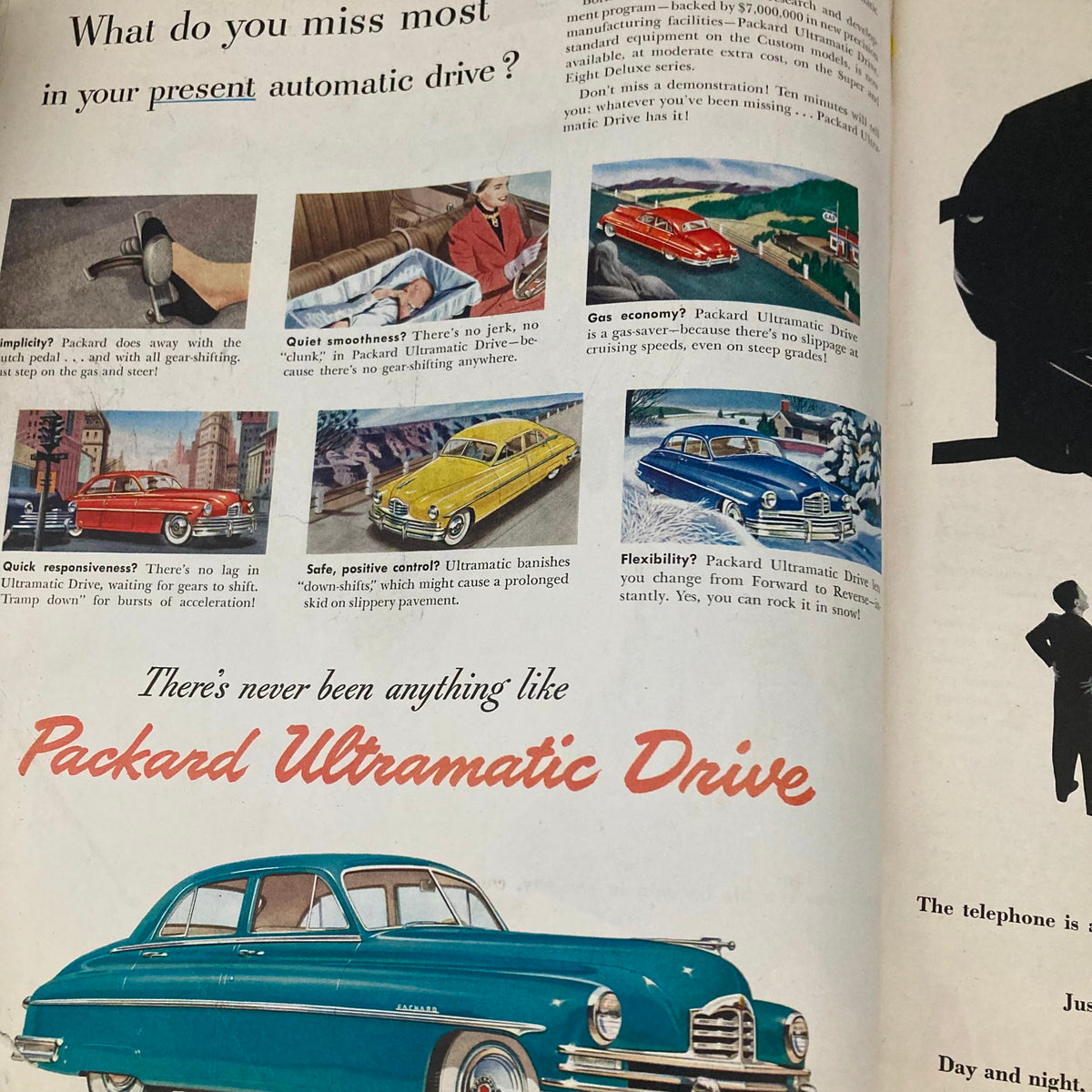 Advertisement page in the Saturday Evening Post Magazine January 28 1950, showcasing Packard Ultramatic Drive cars with colorful illustrations.