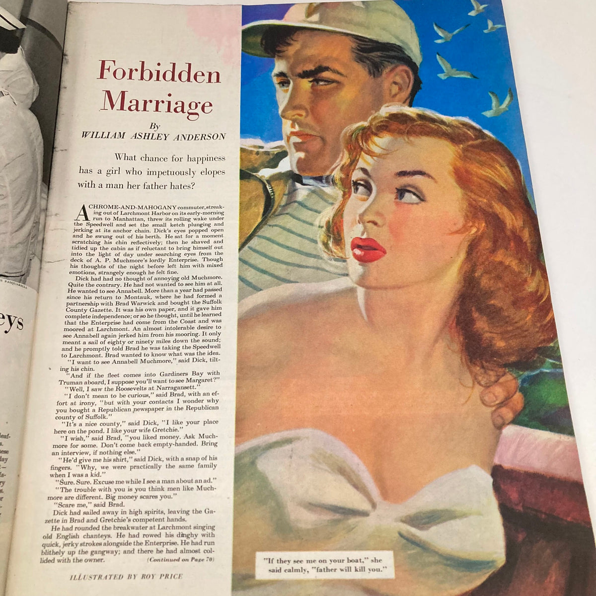 Story page from the Saturday Evening Post Magazine January 28 1950, featuring the title 'Forbidden Marriage' with a romantic illustration.