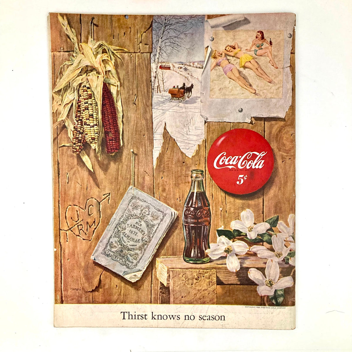 Coca-Cola advertisement featuring nostalgic imagery on a wooden wall, including a bottle of Coca-Cola and a vintage sign, from the Saturday Evening Post Magazine January 28 1950 illustrated cover by George Hughes.