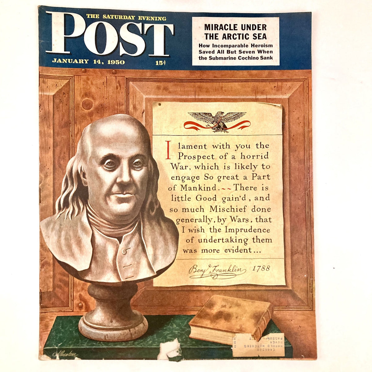 Cover of Saturday Evening Post Magazine from January 14, 1950 featuring a bust of Benjamin Franklin. Artwork by John Atherton highlights Franklin's likeness alongside a notable quote.