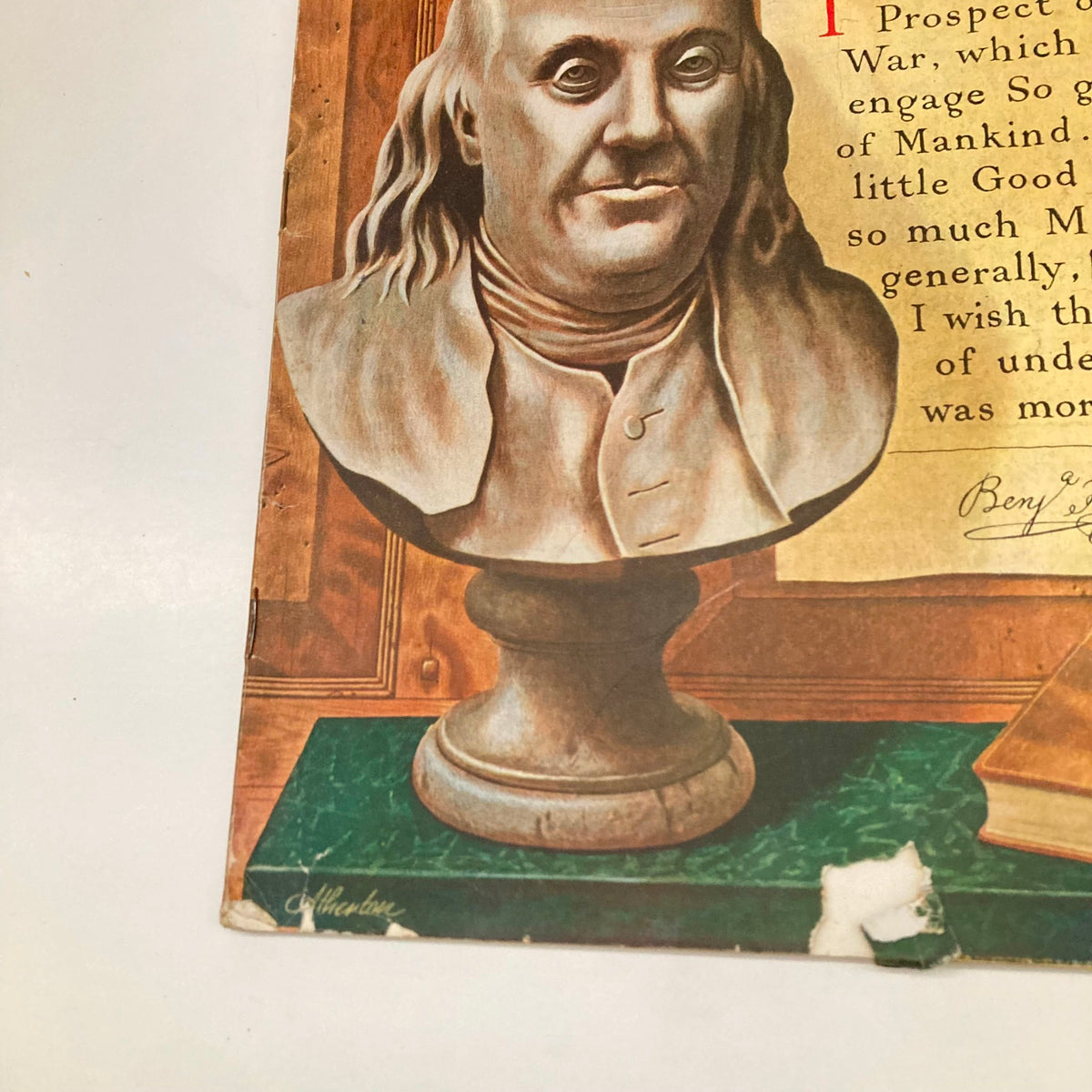 Close-up of the Benjamin Franklin bust on the cover of Saturday Evening Post Magazine January 14, 1950. The illustration by John Atherton emphasizes Franklin's features and includes a historical quote.