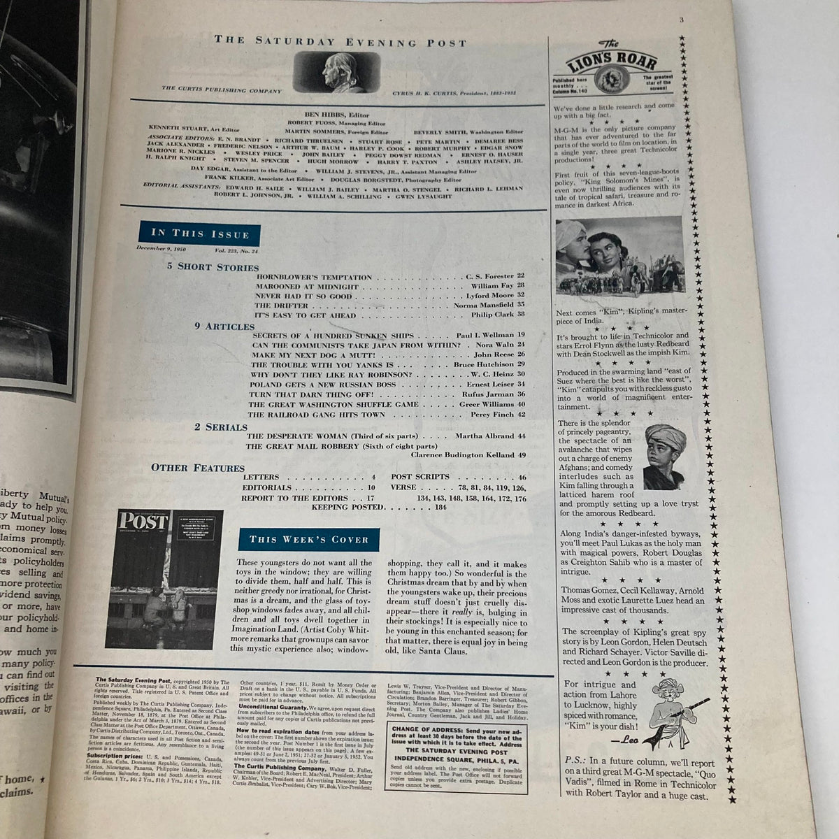 Inside page of the Saturday Evening Post Magazine December 9 1950 showing the table of contents and articles list.