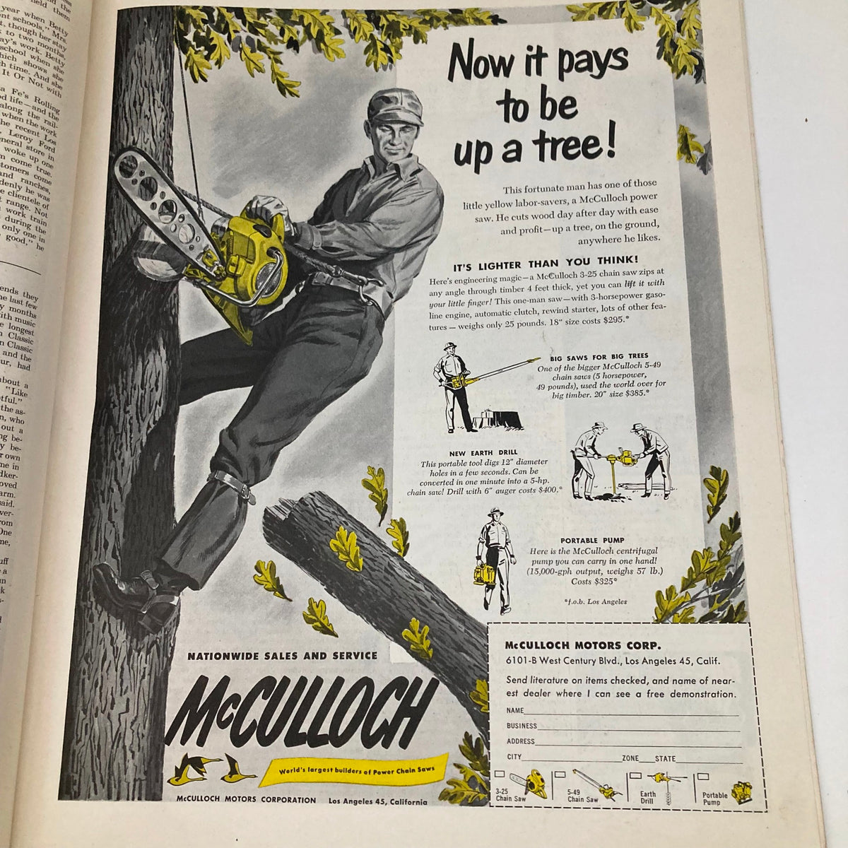 Vintage advertisement featuring McCulloch power saw and tree maintenance equipment from a 1950 Saturday Evening Post magazine, illustrated cover by Coby Whitmore.