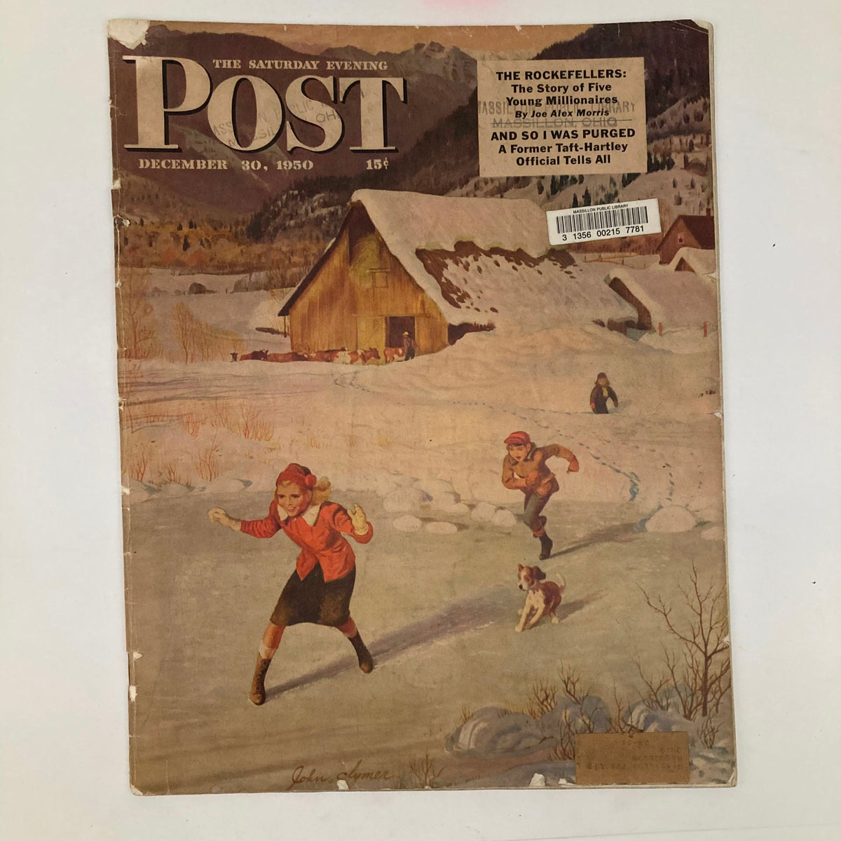 Cover of the Saturday Evening Post magazine, December 30, 1950, featuring an illustrated winter scene by J. Clymer, depicting children playing in snow with a farmhouse in the background.