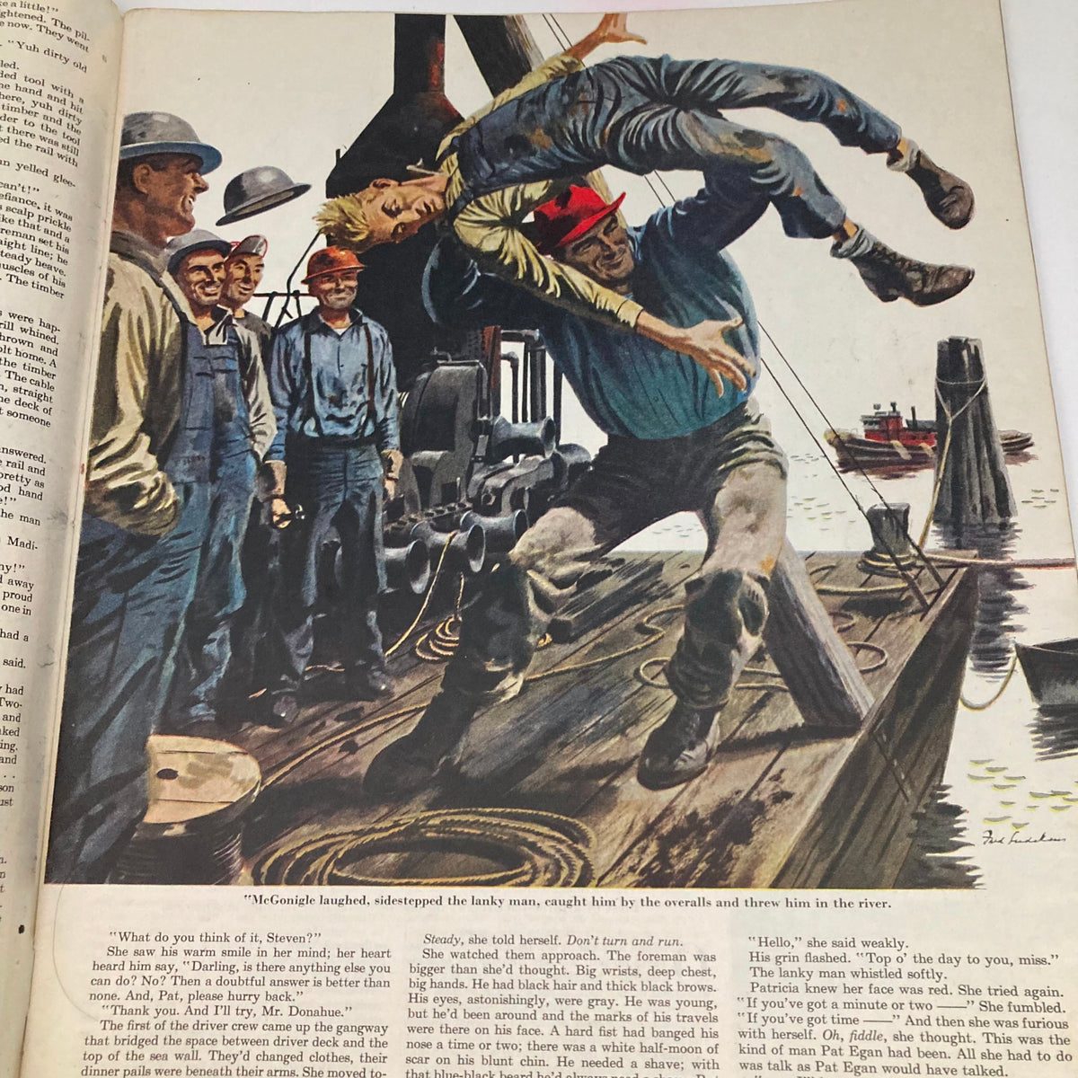 Illustration page from the Saturday Evening Post magazine, December 30, 1950, depicting a dramatic scene with men on a dock, highlighting the storytelling through artwork.