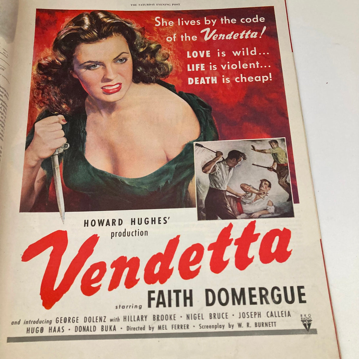Advertisement page from the Saturday Evening Post magazine, December 30, 1950, showcasing the film Vendetta, featuring a dramatic image of a woman holding a knife.