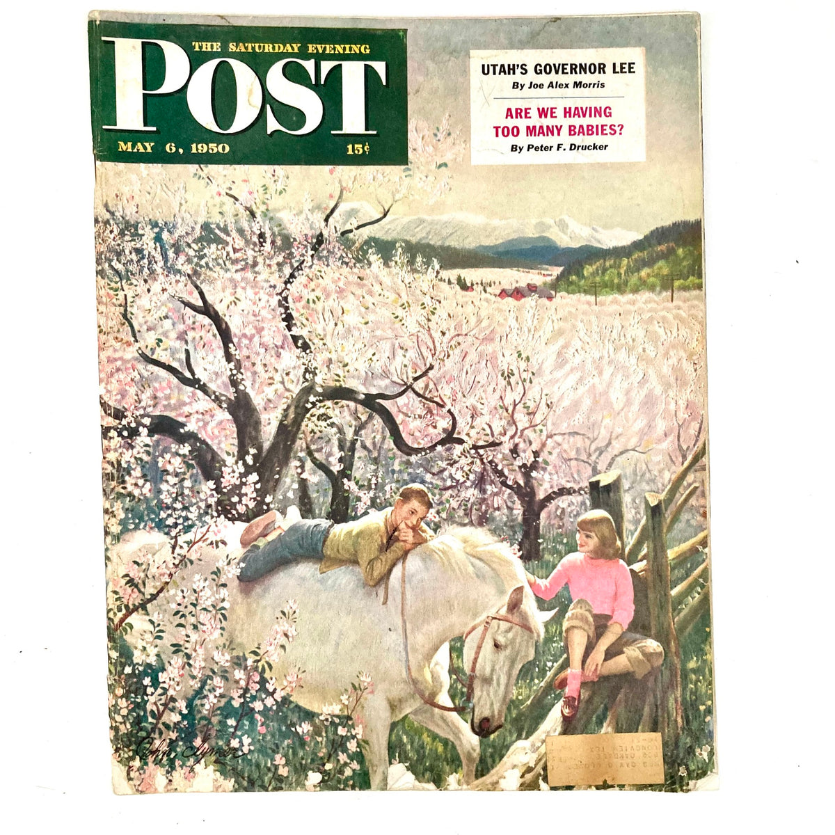 Cover of the Saturday Evening Post Magazine May 6 1950 featuring an illustration by John Clymer, showcasing children playing around a horse amidst blooming flowers.