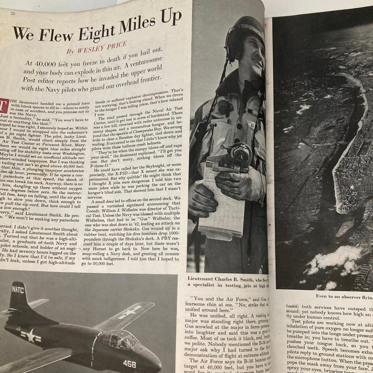 Article titled 'We Flew Eight Miles Up' from the Saturday Evening Post Magazine May 6 1950, highlighting an aviation story with an accompanying photo of a Navy pilot.
