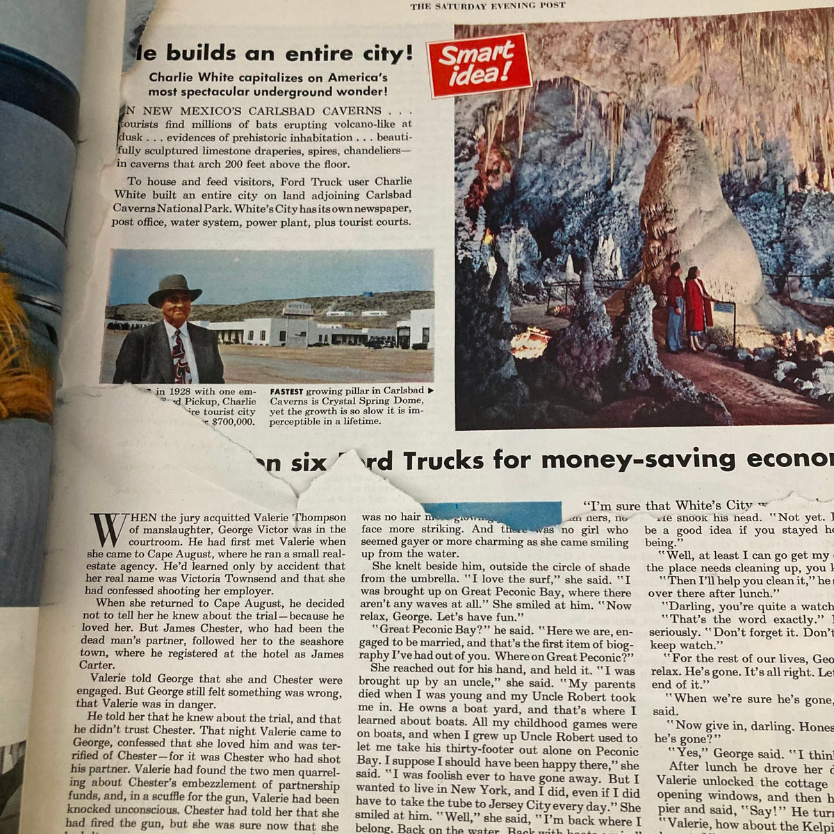 Feature article on Carlsbad Caverns from the Saturday Evening Post Magazine May 6 1950, including an image of Charlie White at the entrance, discussing the underground wonder.