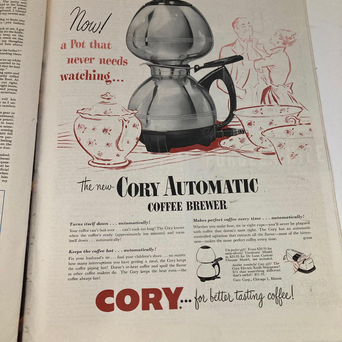 Advertising illustration in the Saturday Evening Post Magazine May 6 1950 featuring the Cory Automatic Coffee Brewer, highlighting its automatic features and design.