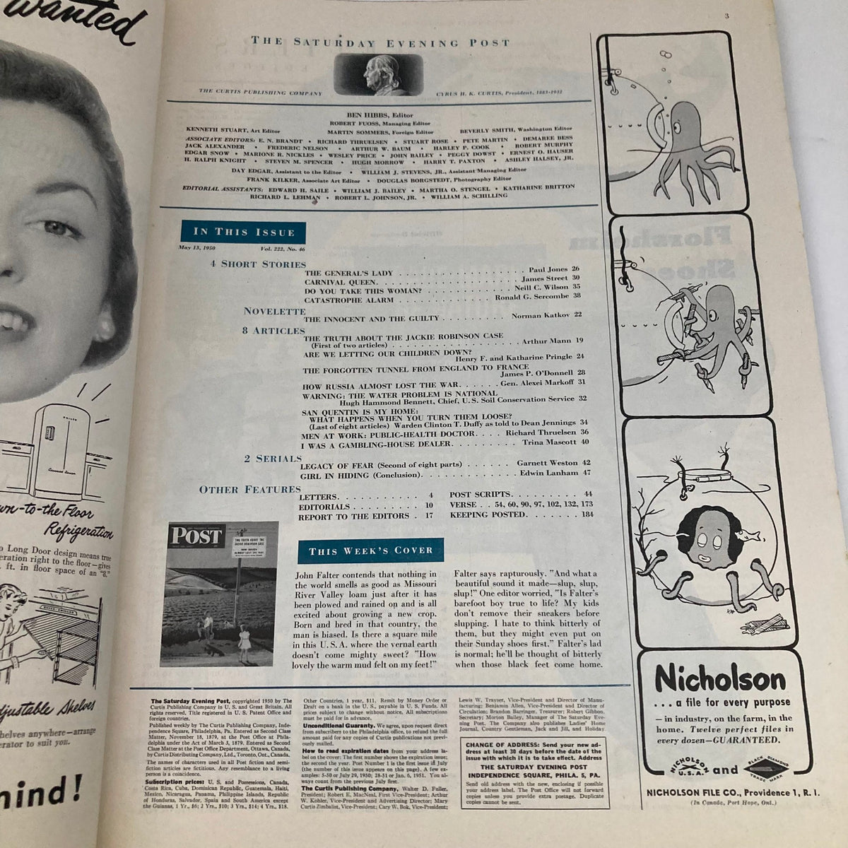 Inside page of the Saturday Evening Post Magazine May 13, 1950, featuring table of contents and articles in the issue.