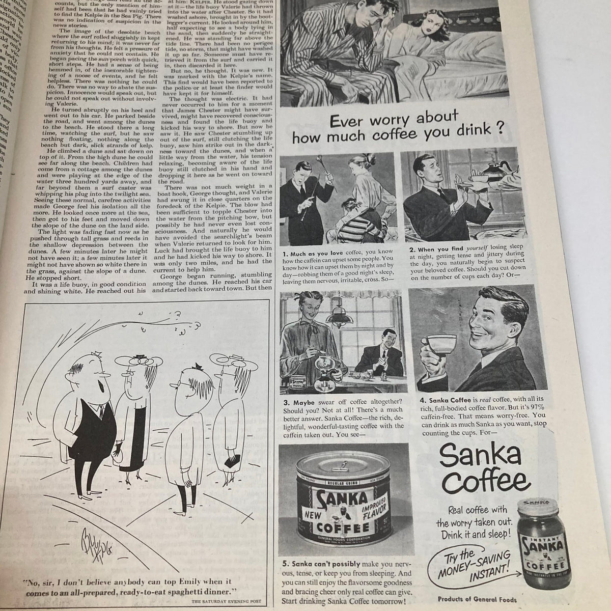 Advertising page in Saturday Evening Post Magazine May 13, 1950, showcasing coffee consumption tips and Sanka Coffee products.
