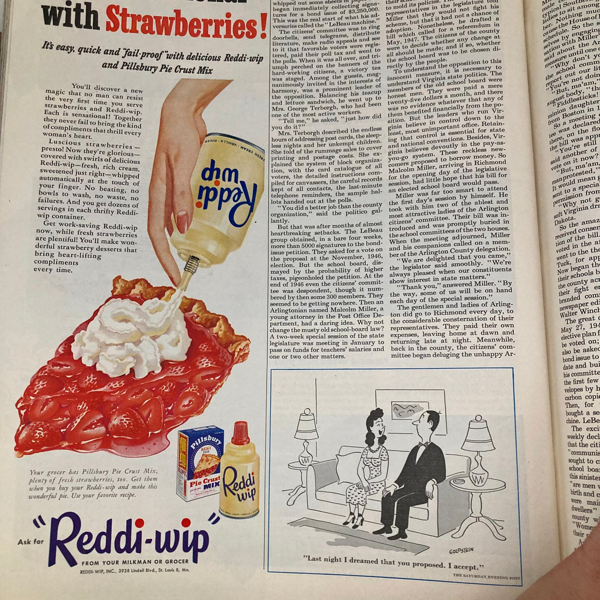 Advertisement featuring Reddi-wip whipped cream on a strawberry dessert from the Saturday Evening Post Magazine May 13 1950, showcasing a vintage culinary appeal.