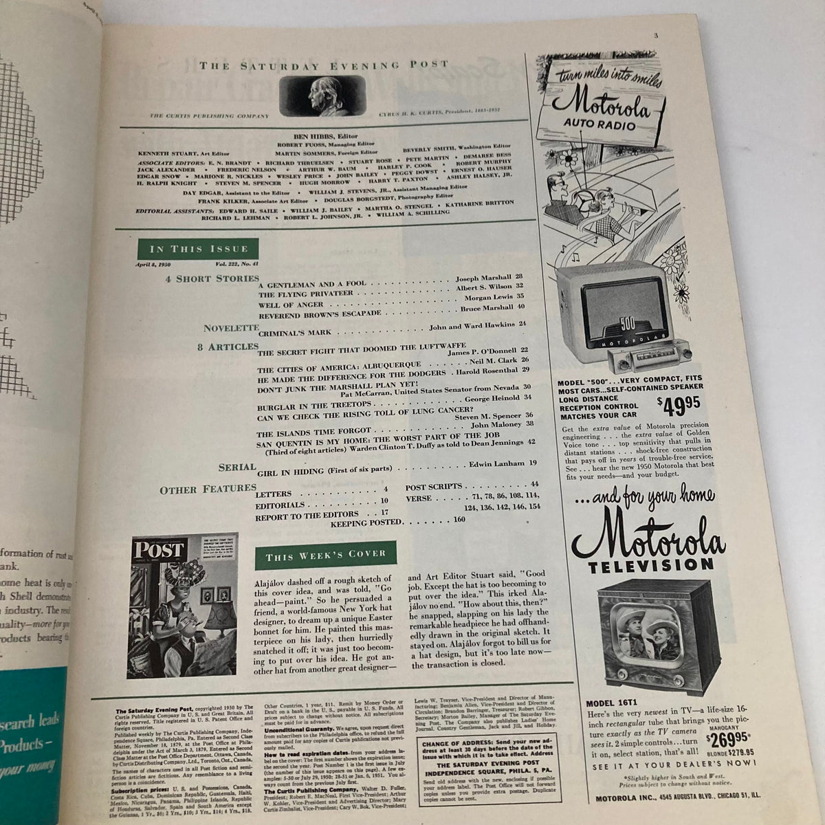 Inside page of the Saturday Evening Post Magazine April 8, 1950, displaying editorial content and illustrations.