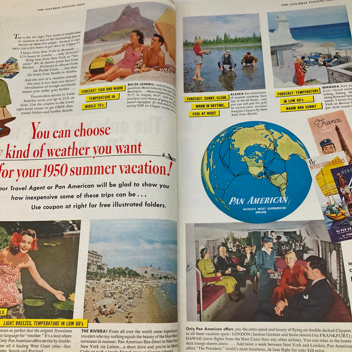 Advertisement page from the Saturday Evening Post Magazine April 8, 1950, featuring vacation travel options with vibrant illustrations.