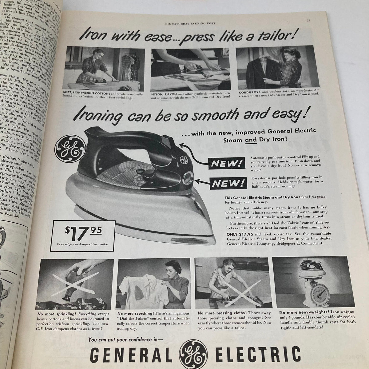 Saturday Evening Post April 8 1950 advertisement showcasing the General Electric Steam and Dry Iron, highlighting its features and price of $17.95.