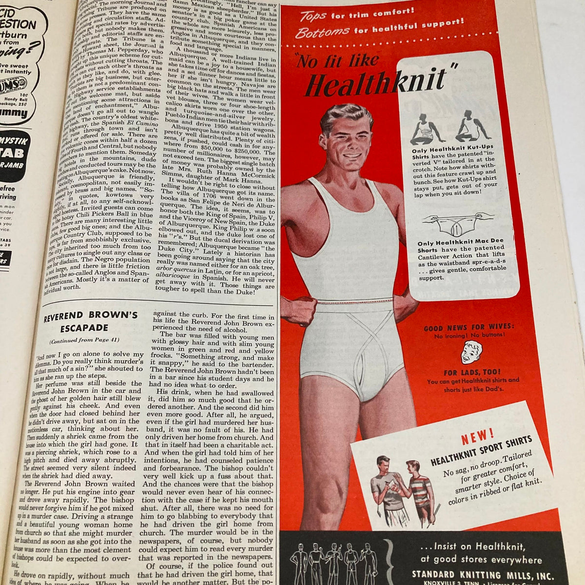 Saturday Evening Post April 8 1950 advertisement promoting Healthknit men's undergarments, featuring a man in a tank top and detailing comfort features.