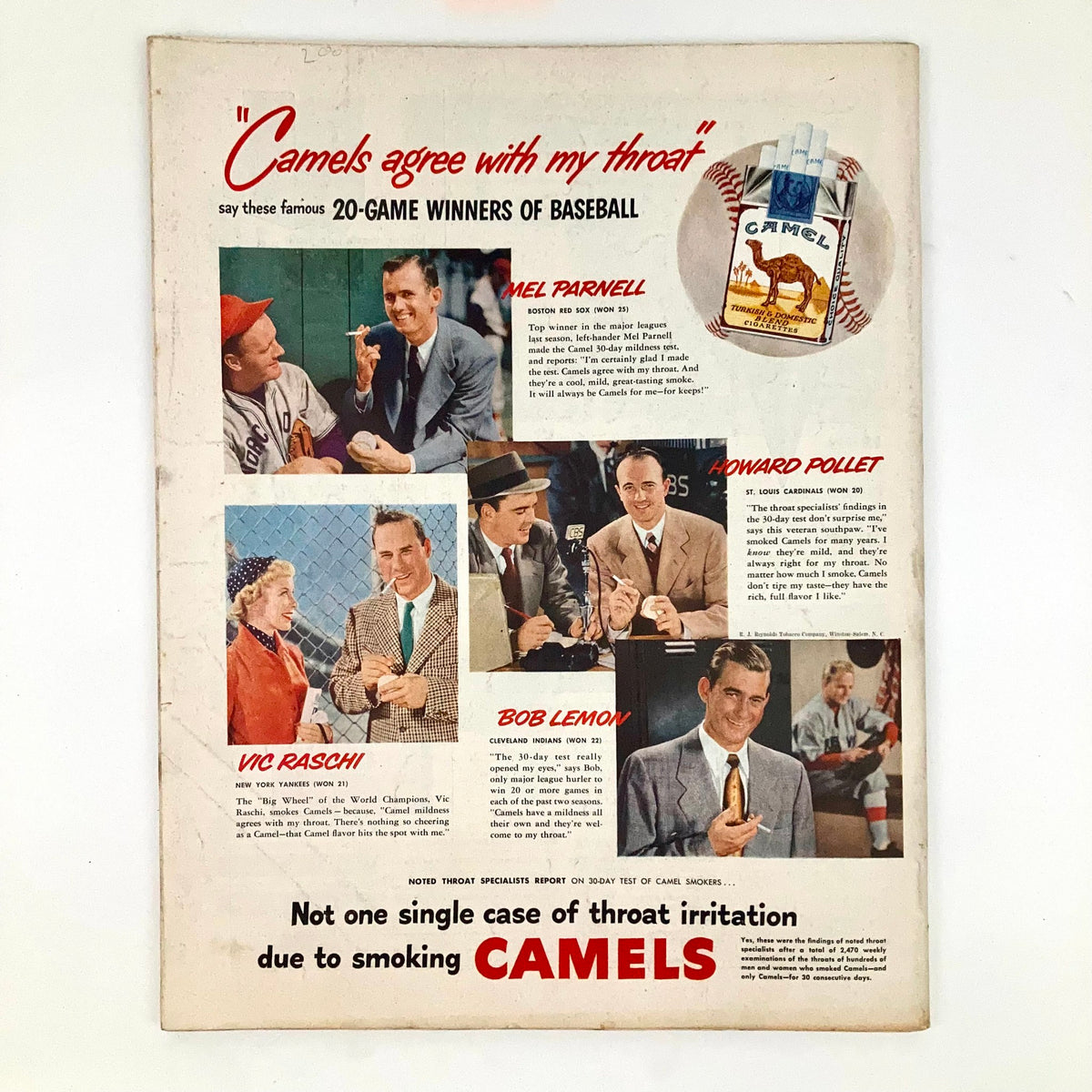 Saturday Evening Post April 8 1950 advertisement for Camel cigarettes, featuring testimonials from baseball players about the smoke's flavor and throat comfort.