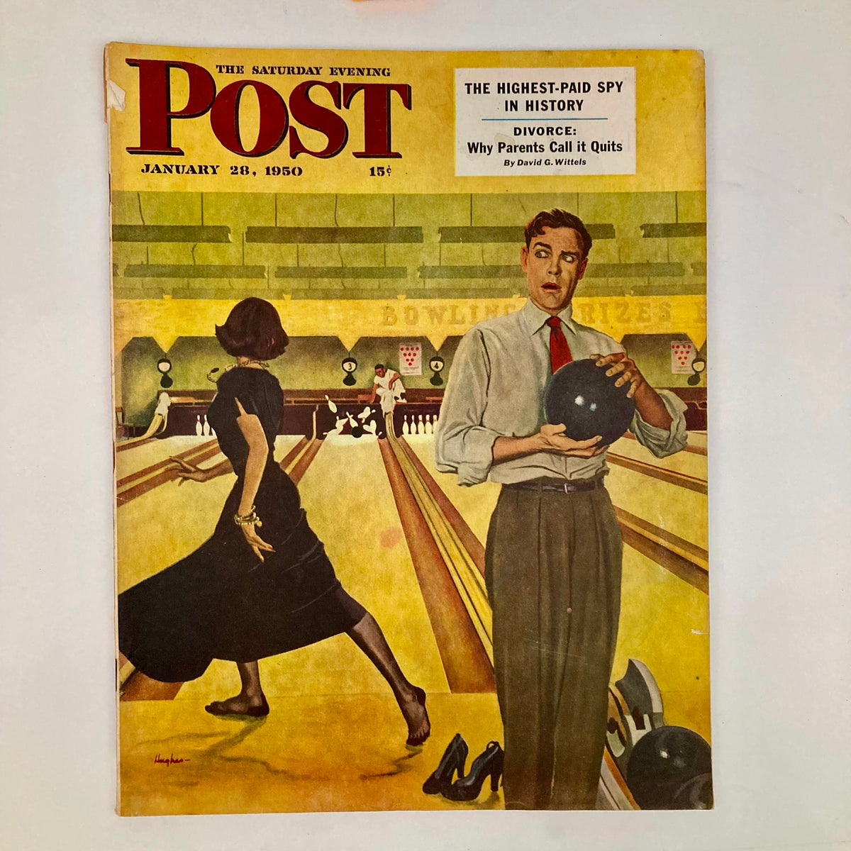 Cover of the Saturday Evening Post Magazine dated January 28, 1950, featuring an illustration by George Hughes, depicting a bowling alley scene with a stylish woman and a surprised man holding a bowling ball.