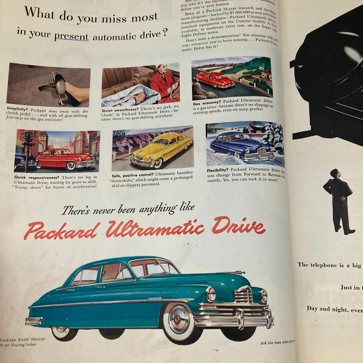 Advertisement for Packard Ultramatic Drive in the Saturday Evening Post Magazine, January 28, 1950, showcasing vintage cars and features of the automatic drive.