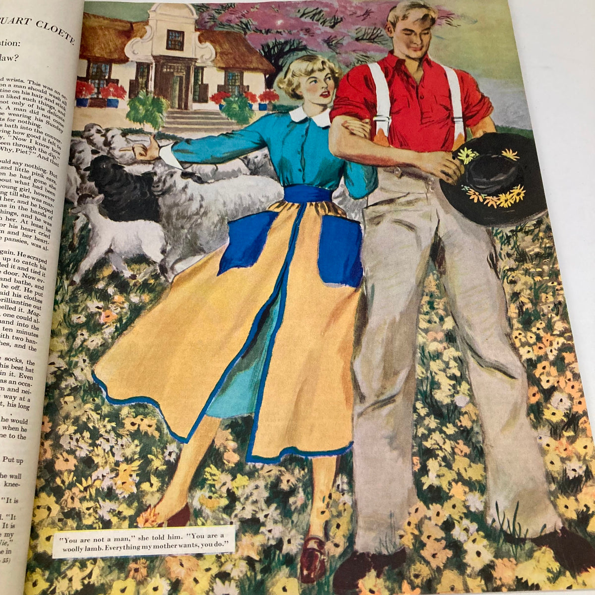 Illustrated scene from the Saturday Evening Post Magazine, January 28, 1950, depicting a couple in mid-century attire amidst flowers, showcasing vintage artwork.