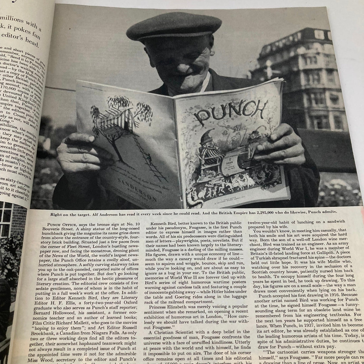 Black and white photo of a man reading Punch magazine in the Saturday Evening Post Magazine, January 28, 1950, representing cultural interests of the time.