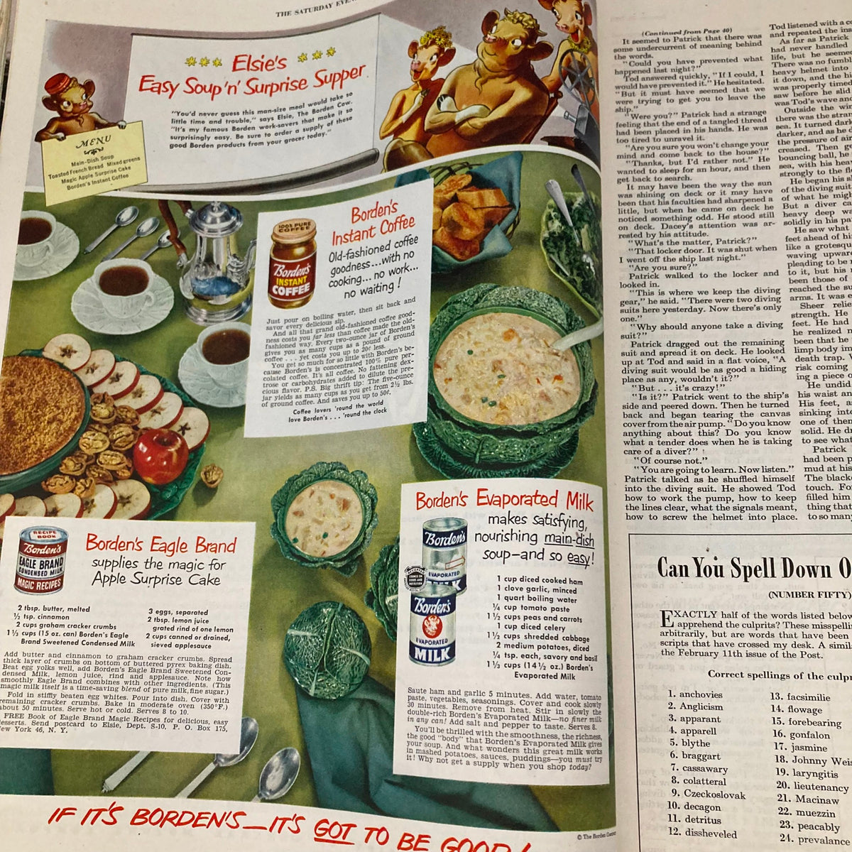 Vintage advertisement for Borden's products featuring soup and meal preparation in the Saturday Evening Post Magazine, January 28, 1950, highlighting mid-century cooking.
