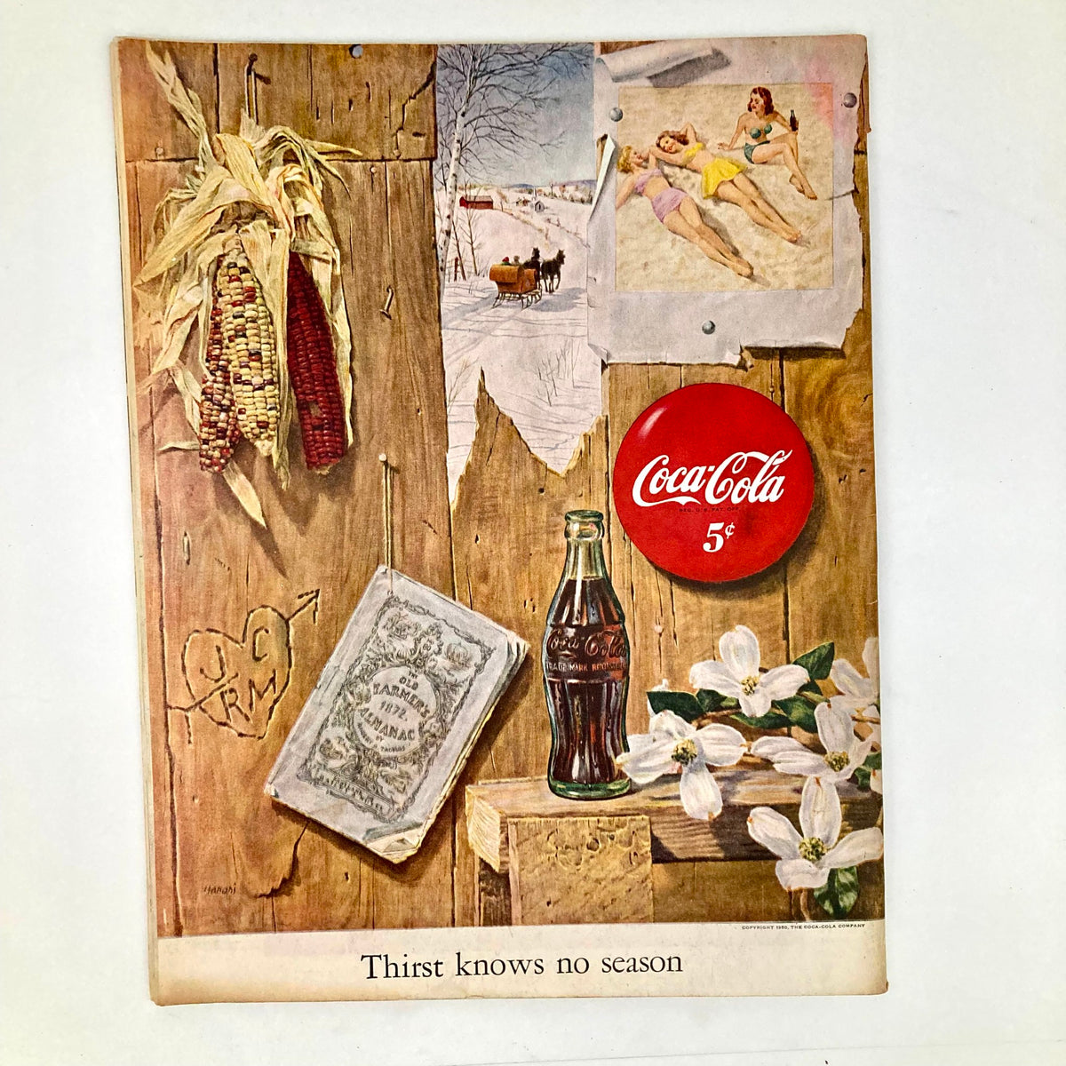 Cover illustration of Saturday Evening Post Magazine January 28 1950 by George Hughes featuring vibrant images including a Coca-Cola bottle, vintage advertisements, and elements representing American culture.
