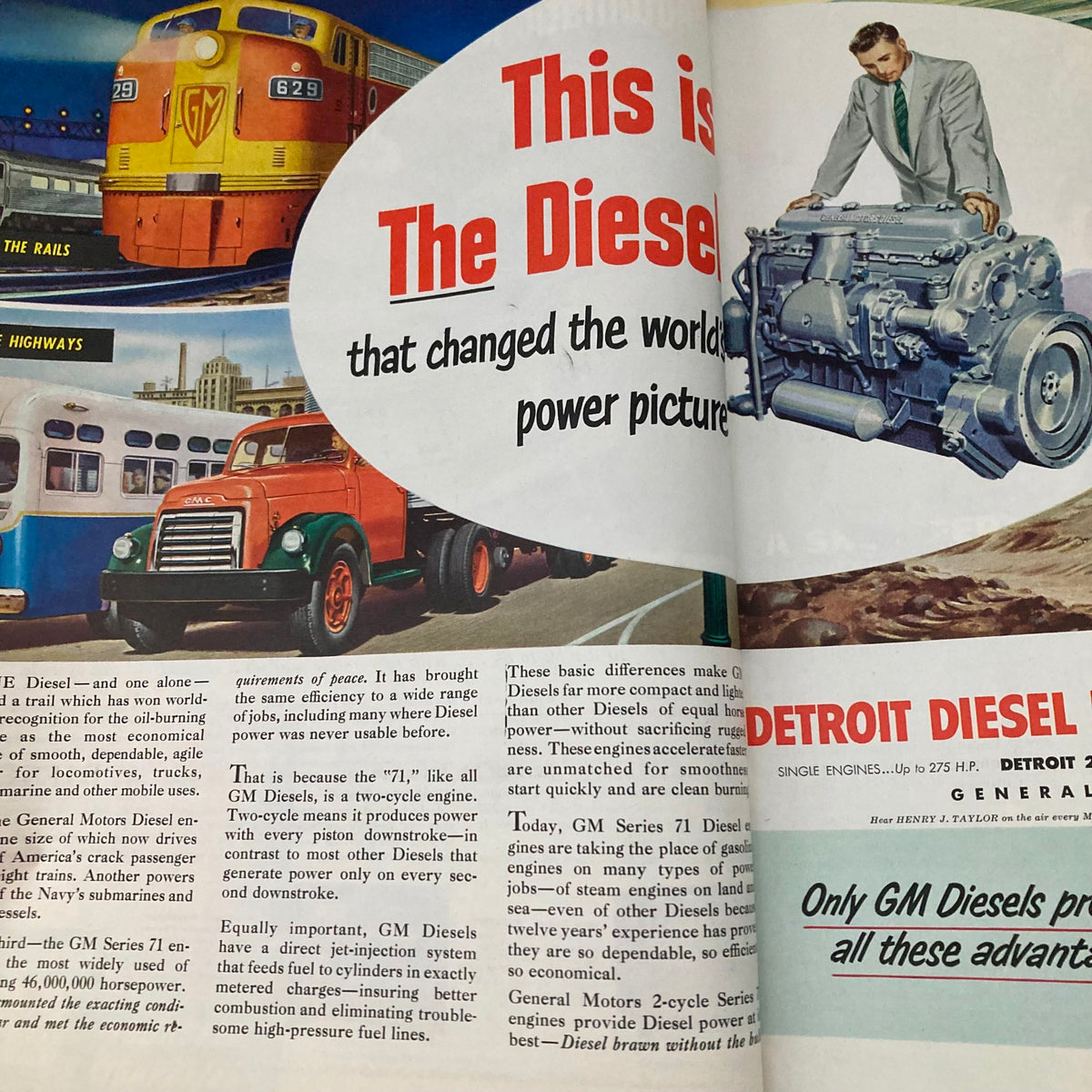 Detroit Diesel advertisement featured in the Saturday Evening Post Magazine August 19 1950, highlighting the efficiency of GM Diesels with colorful illustrations of transportation vehicles.