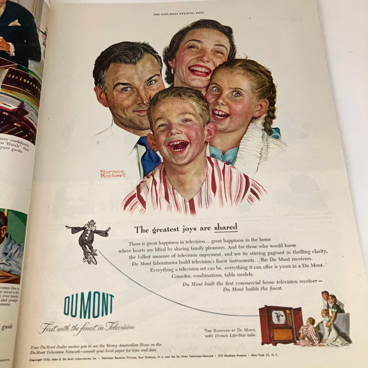 Advertisement in the Saturday Evening Post Magazine August 19 1950, illustrating a joyful family sharing moments together, promoting Du Mont television with vibrant colors and playful expressions.