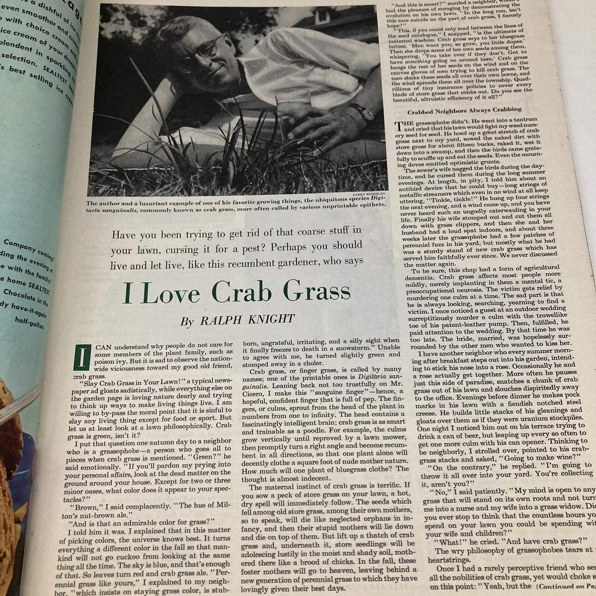 Feature article titled 'I Love Crab Grass' with a black and white image of a gardener lying on the grass, from the Saturday Evening Post Magazine August 19 1950 Illustrated Cover Norman Rockwell.