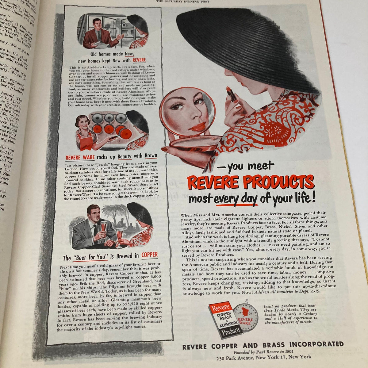 Vintage advertisement for Revere products, highlighting kitchenware and cosmetics, from the Saturday Evening Post Magazine August 19 1950 Illustrated Cover Norman Rockwell.