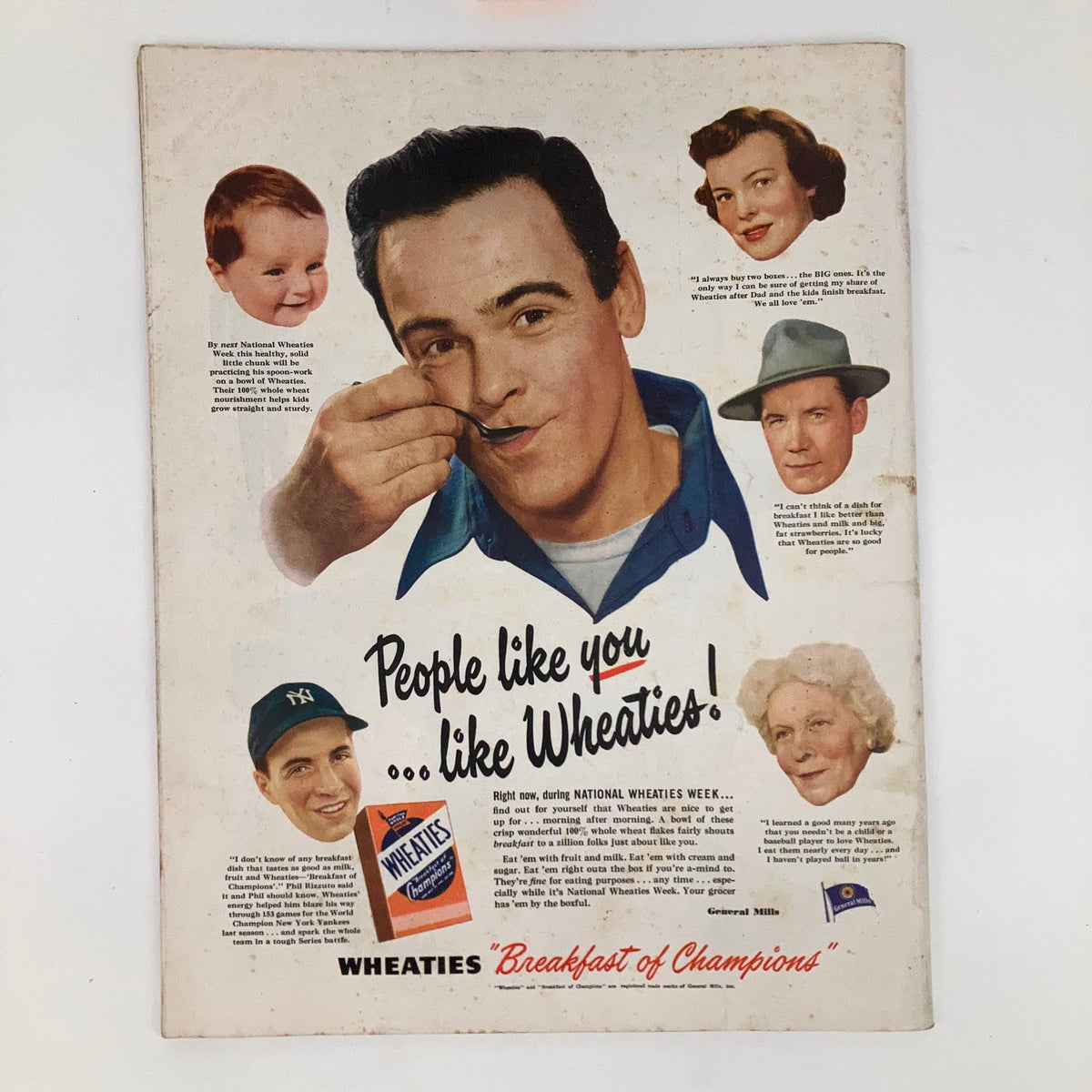 Classic Wheaties advertisement featuring a man enjoying a bowl of Wheaties with testimonials from people, from the Saturday Evening Post Magazine August 19 1950 Illustrated Cover Norman Rockwell.